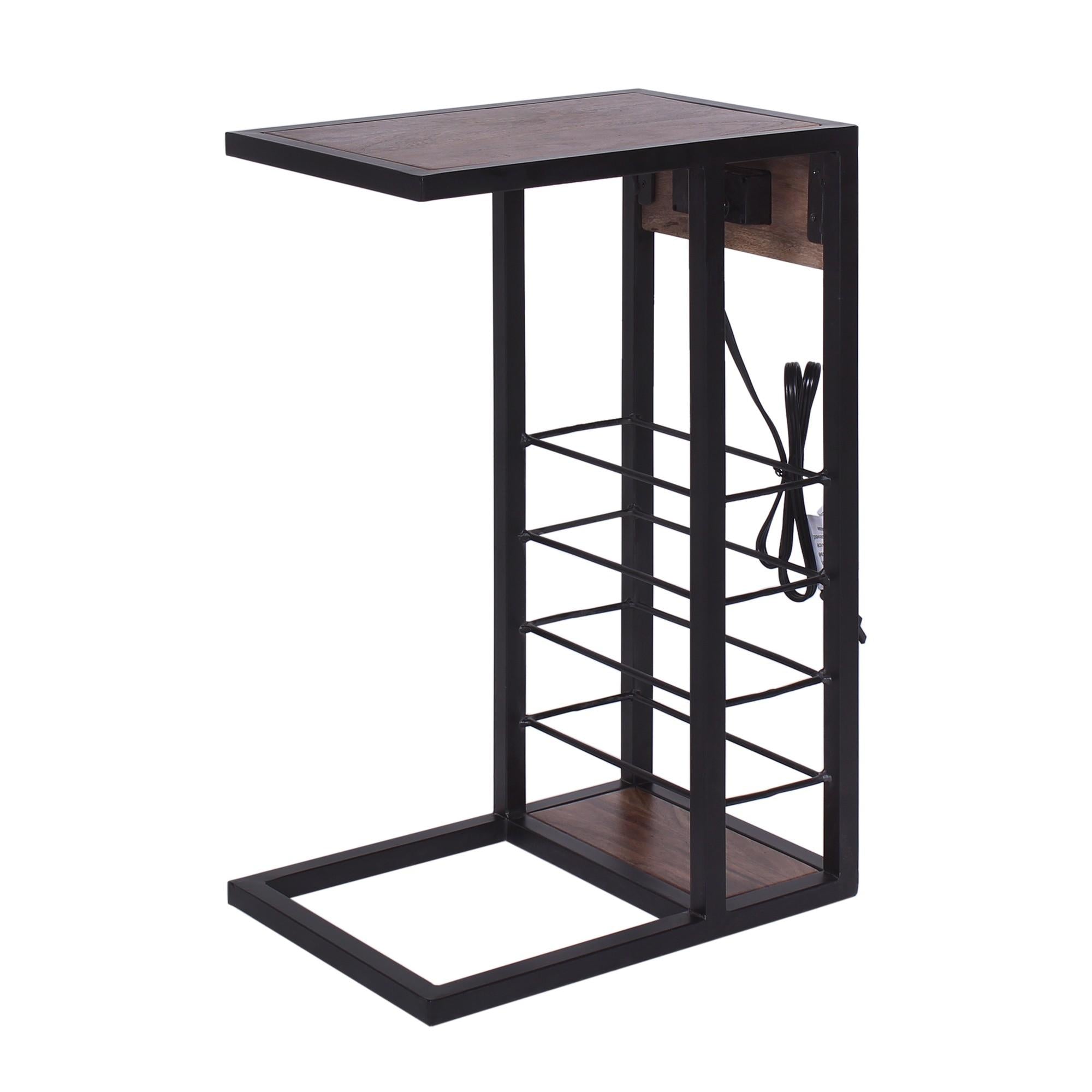 Modern Dark Wood and Metal End or Side Table with USB and Storage Rack