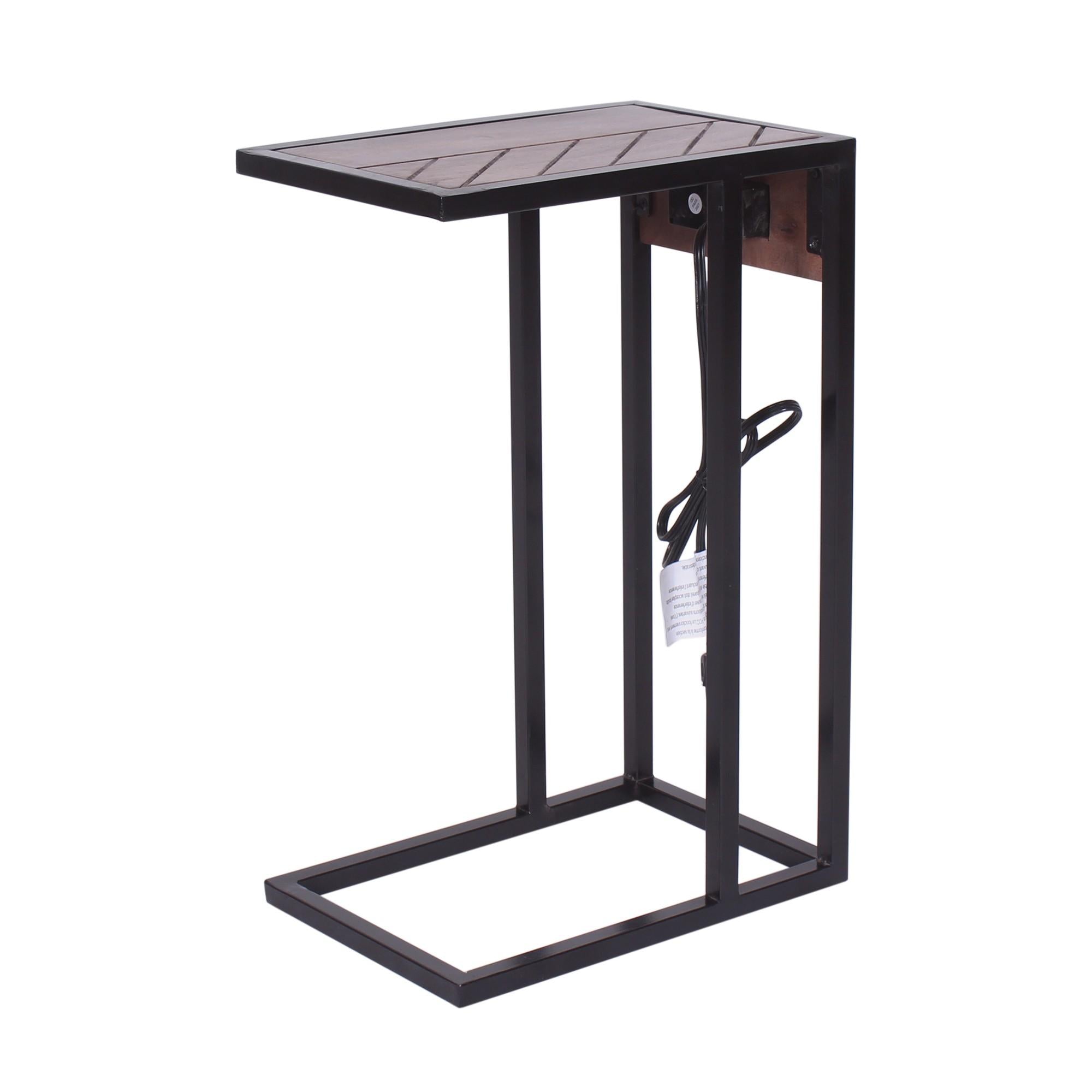 Modern Dark Wood Hatch and Metal End or Side Table with USB