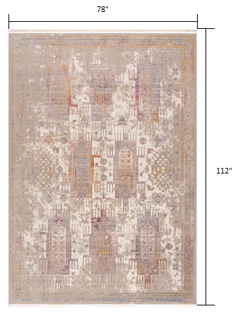 7’ x 10’ Beige Faded Tribal Motifs Area Rug