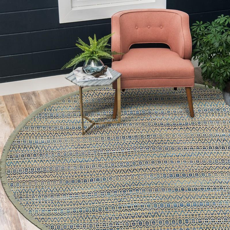 8’ Round Navy and Tan Striated Area Rug