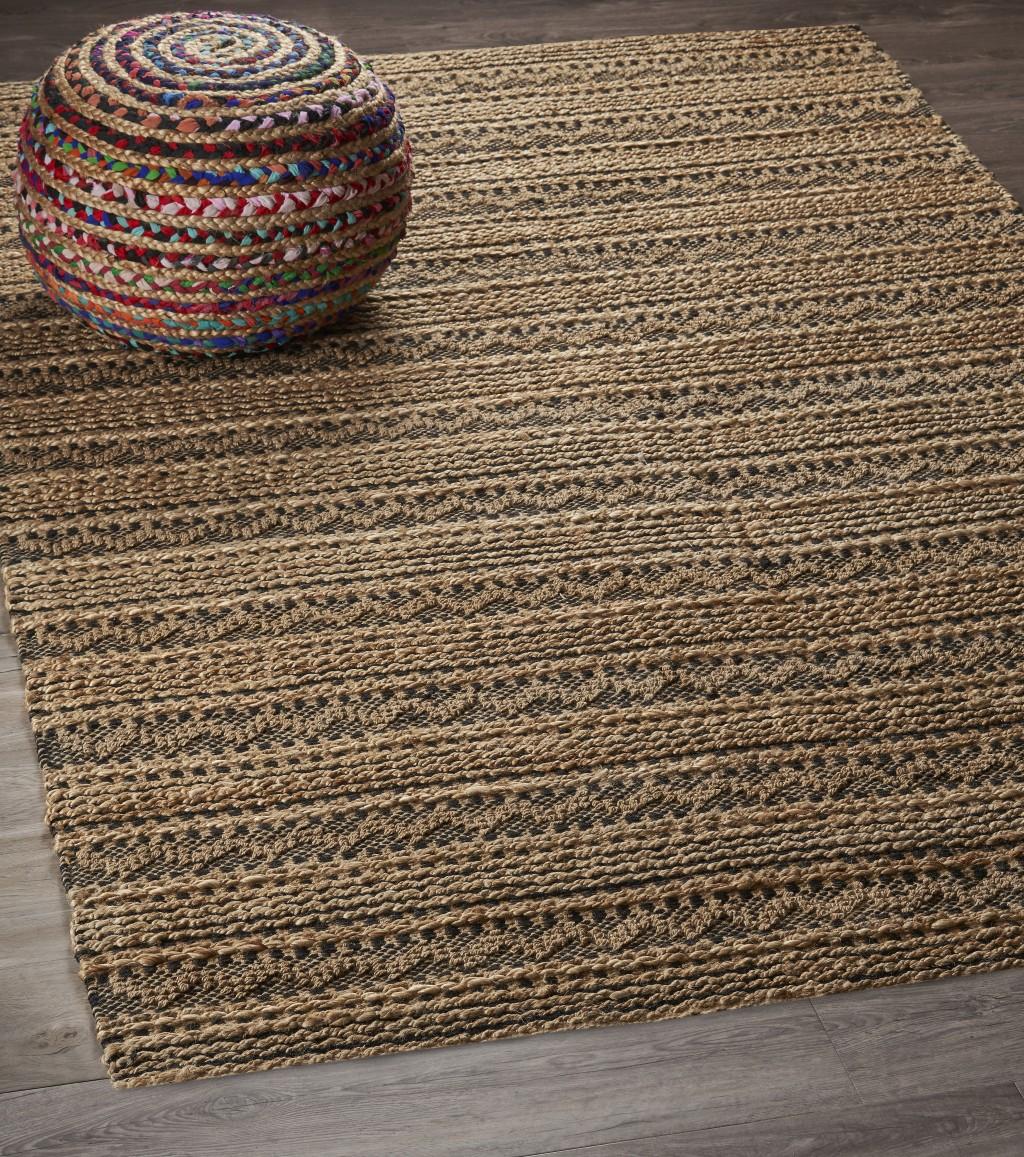 9’ x 13’ Tan and Black Intricate Striped Area Rug