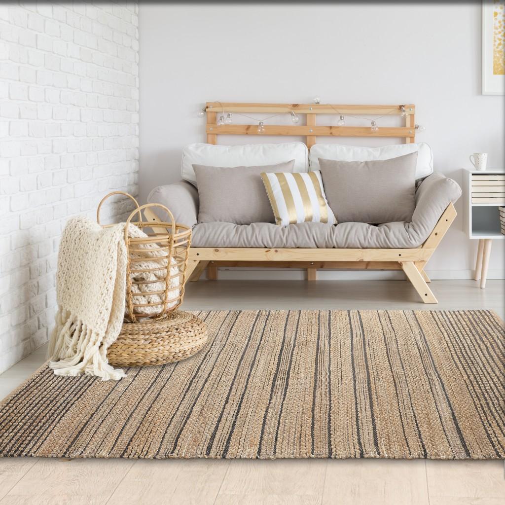5’ x 8’ Tan and Black Eclectic Striped Area Rug