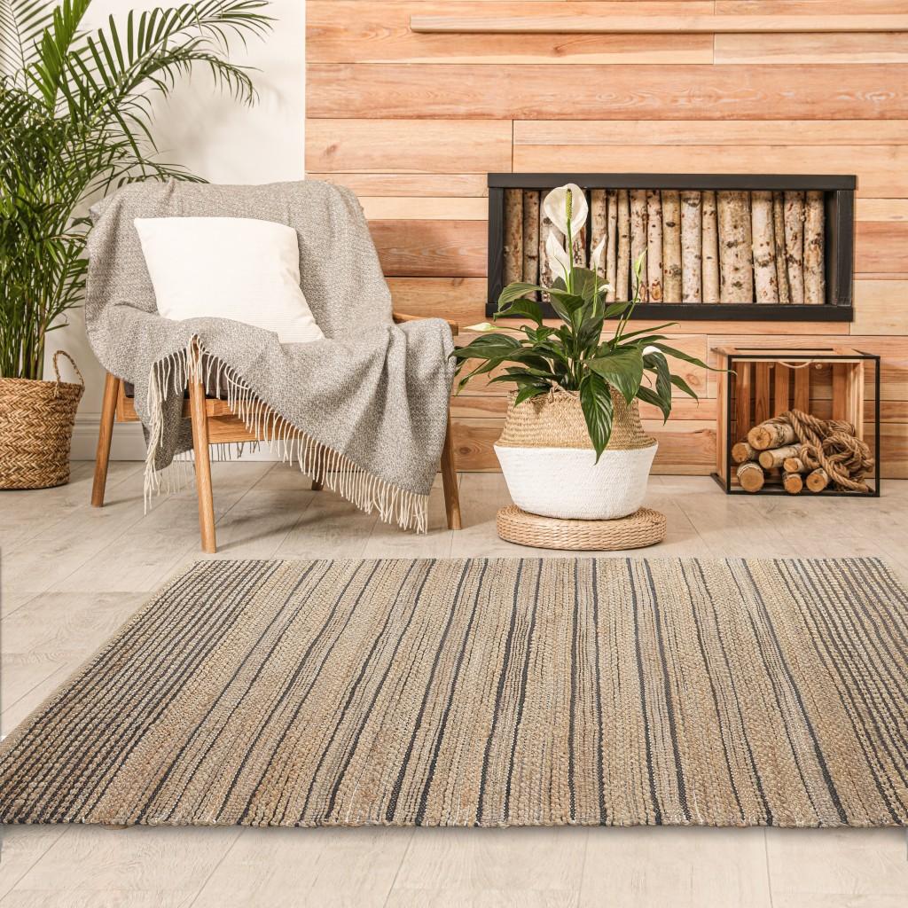 9’ x 12’ Tan and Black Eclectic Striped Area Rug