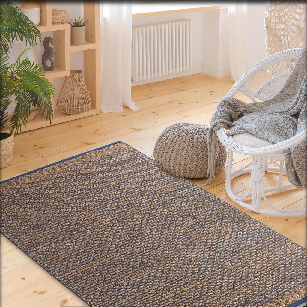 9’ x 12’ Tan and Blue Detailed Lattice Area Rug