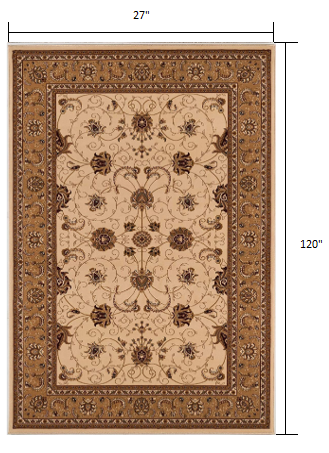 2’ x 10’ Cream and Tan Ornate Border Runner Rug