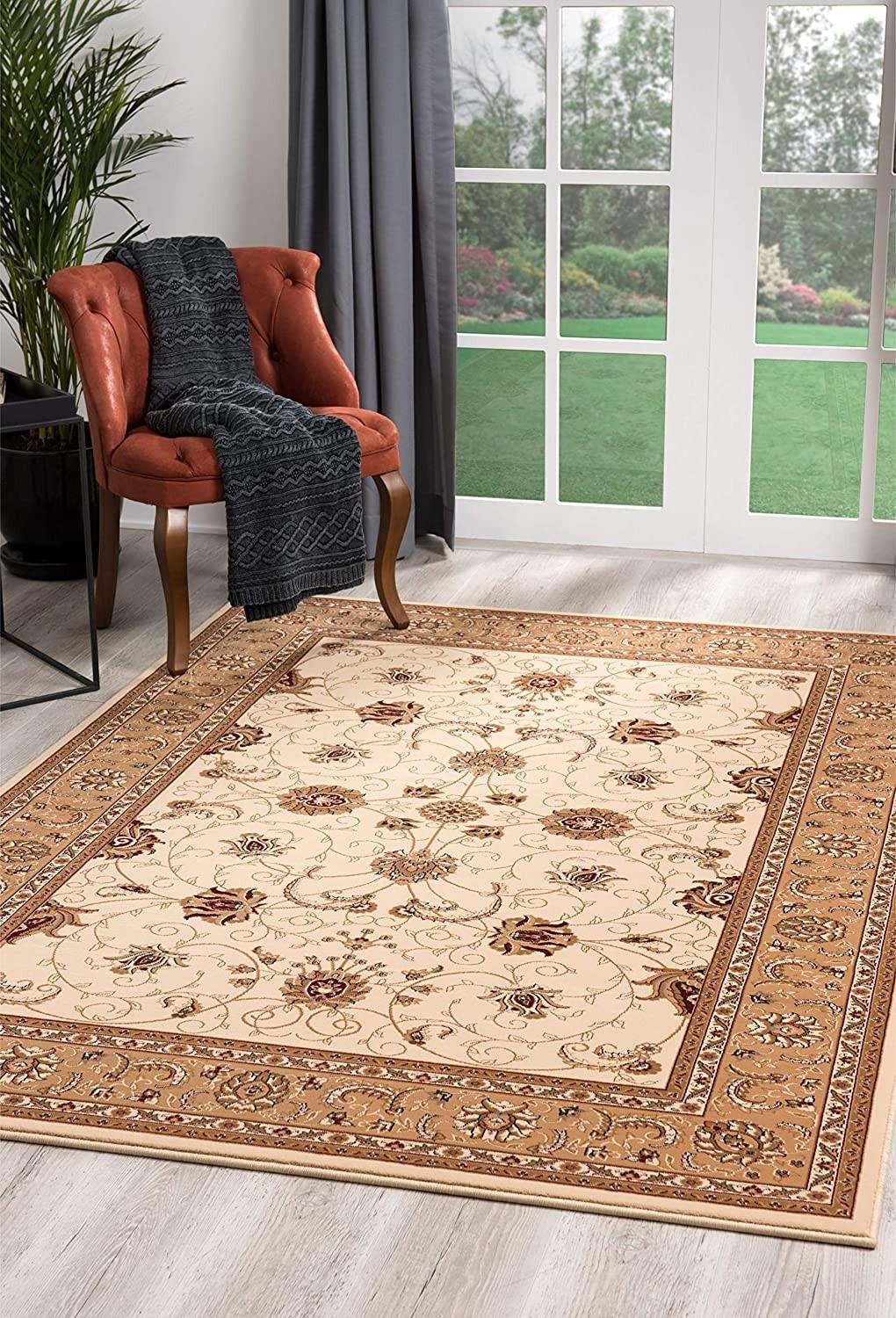 3’ x 10’ Cream and Tan Ornate Border Runner Rug