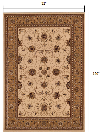 3’ x 10’ Cream and Tan Ornate Border Runner Rug