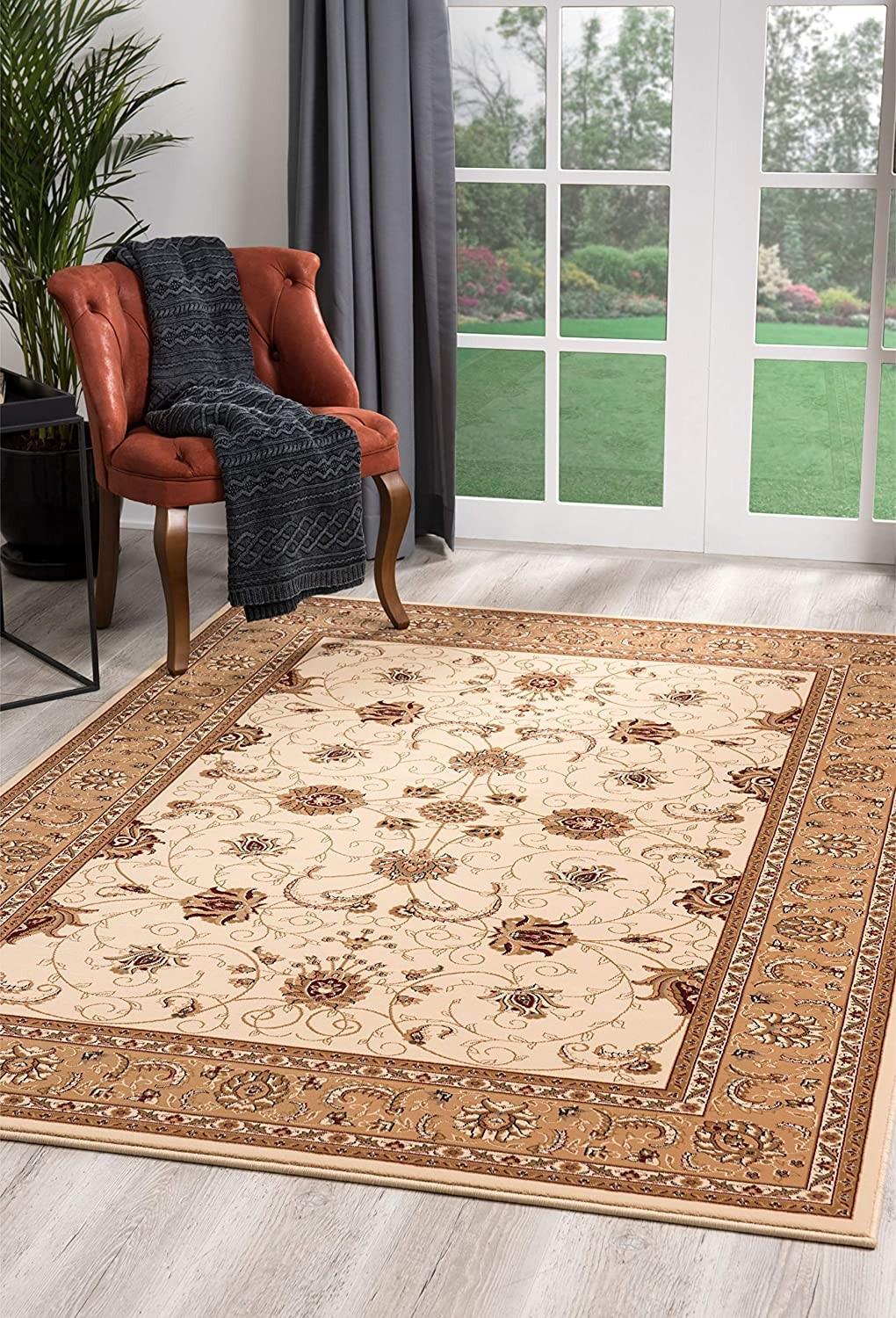 3’ x 8’ Cream and Tan Ornate Border Runner Rug Default Title