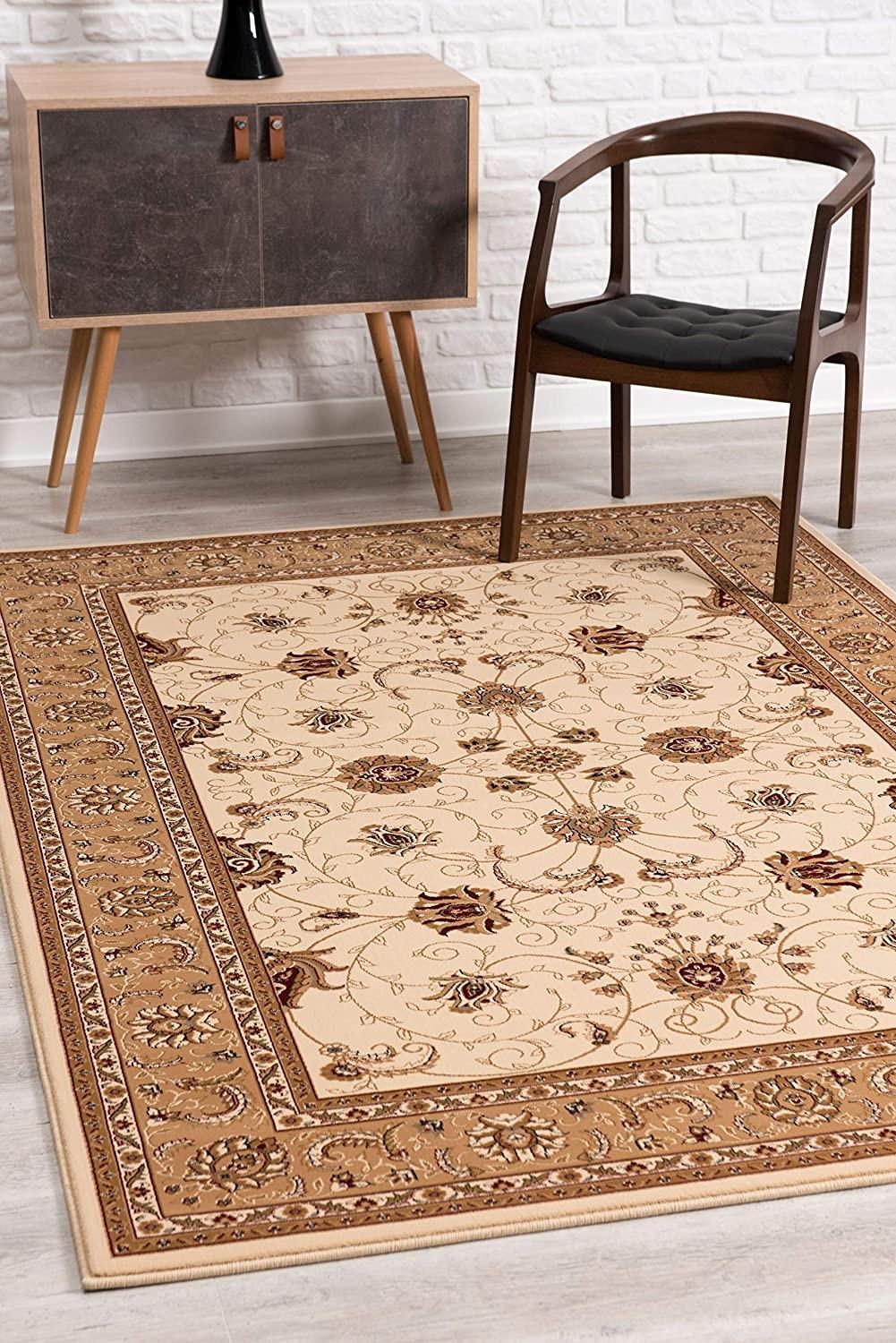 8’ x 11’ Cream and Tan Ornate Border Area Rug