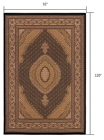 3’ x 10’ Black and Beige Medallion Runner Rug