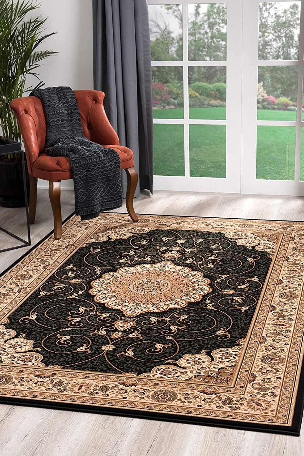 8’ x 11’ Black and Beige Embellished Area Rug