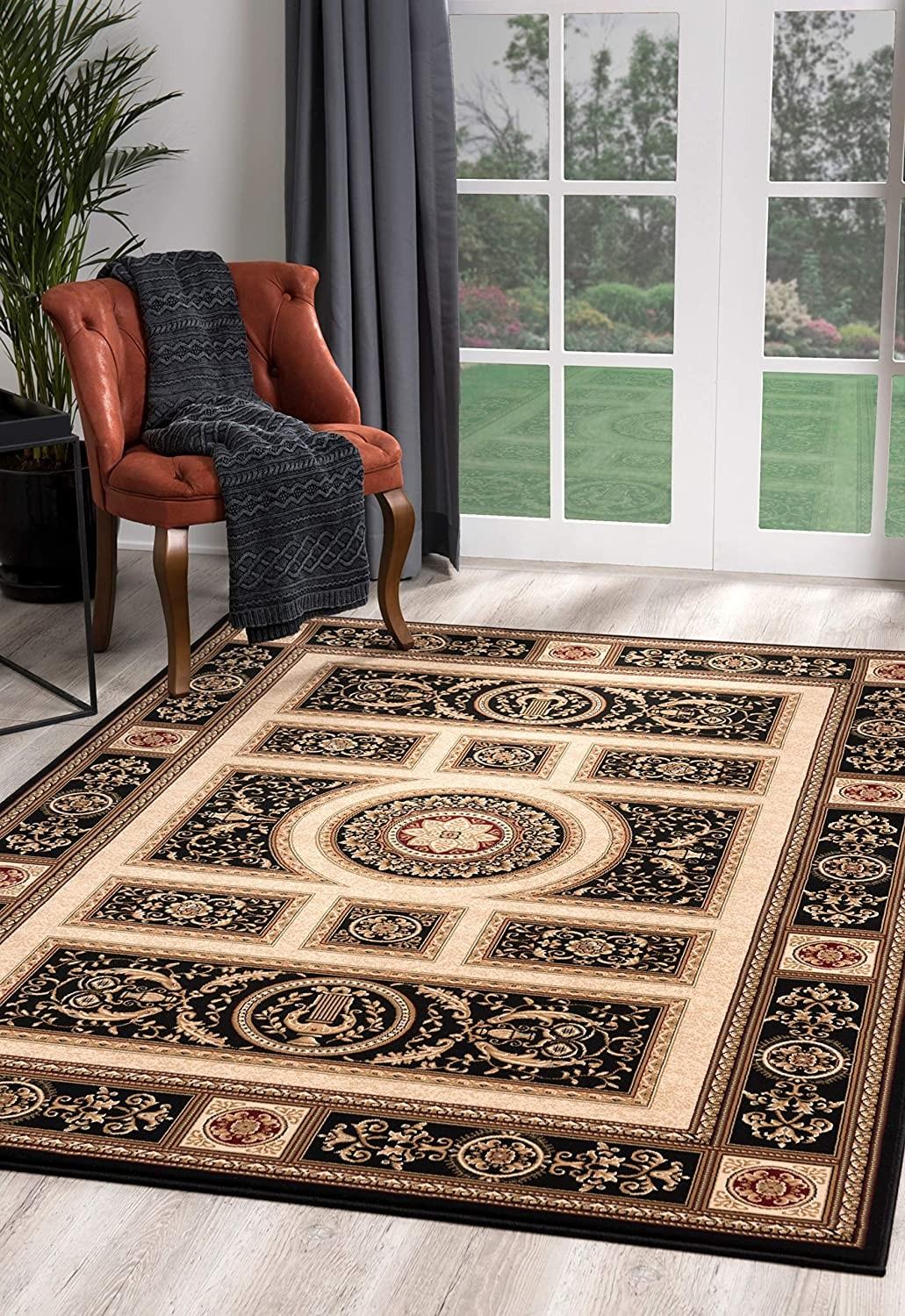 4’ x 6’ Black and Beige Traditional Geometric Area Rug Default Title