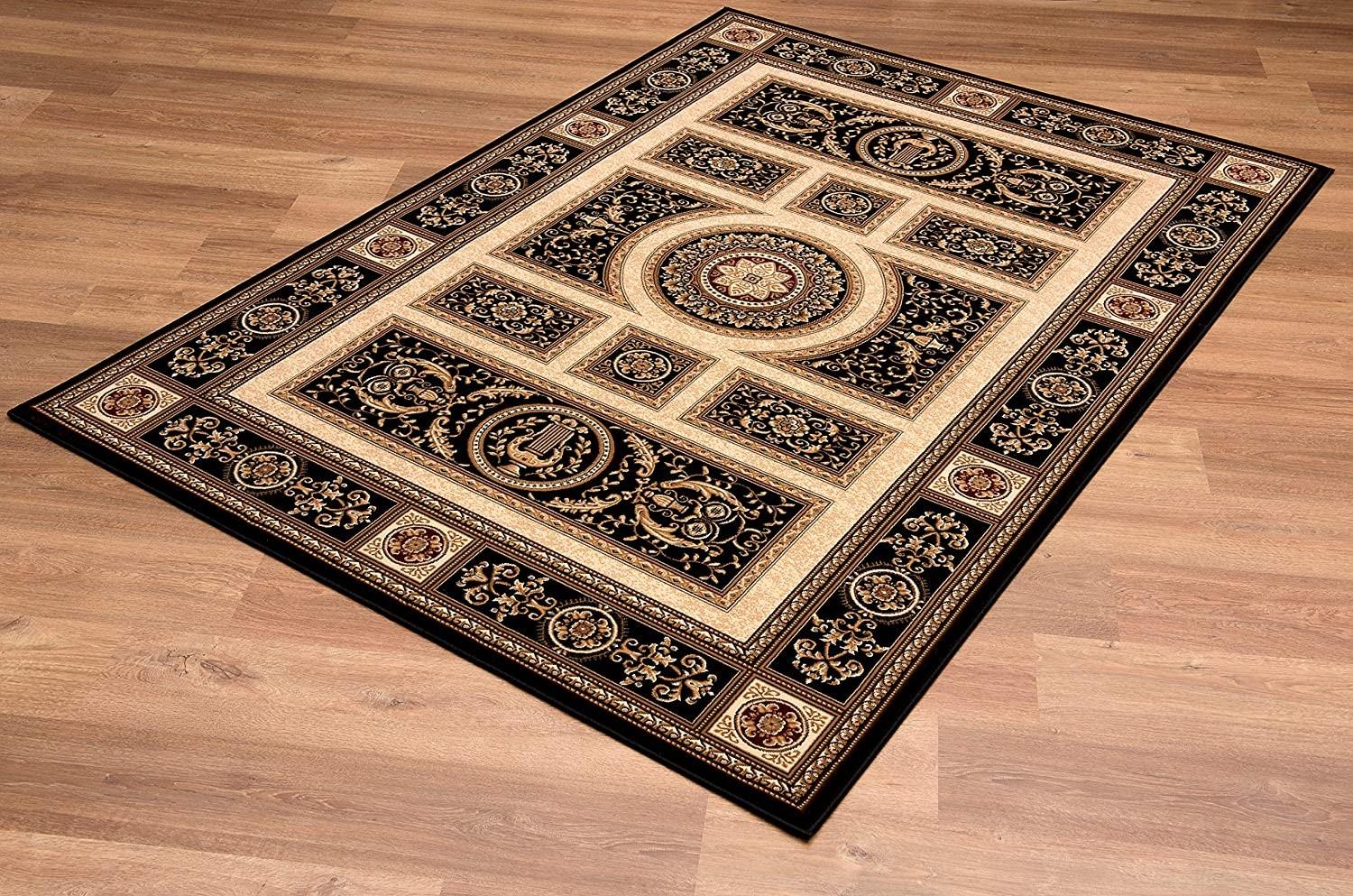 5’ x 8’ Black and Beige Traditional Geometric Area Rug