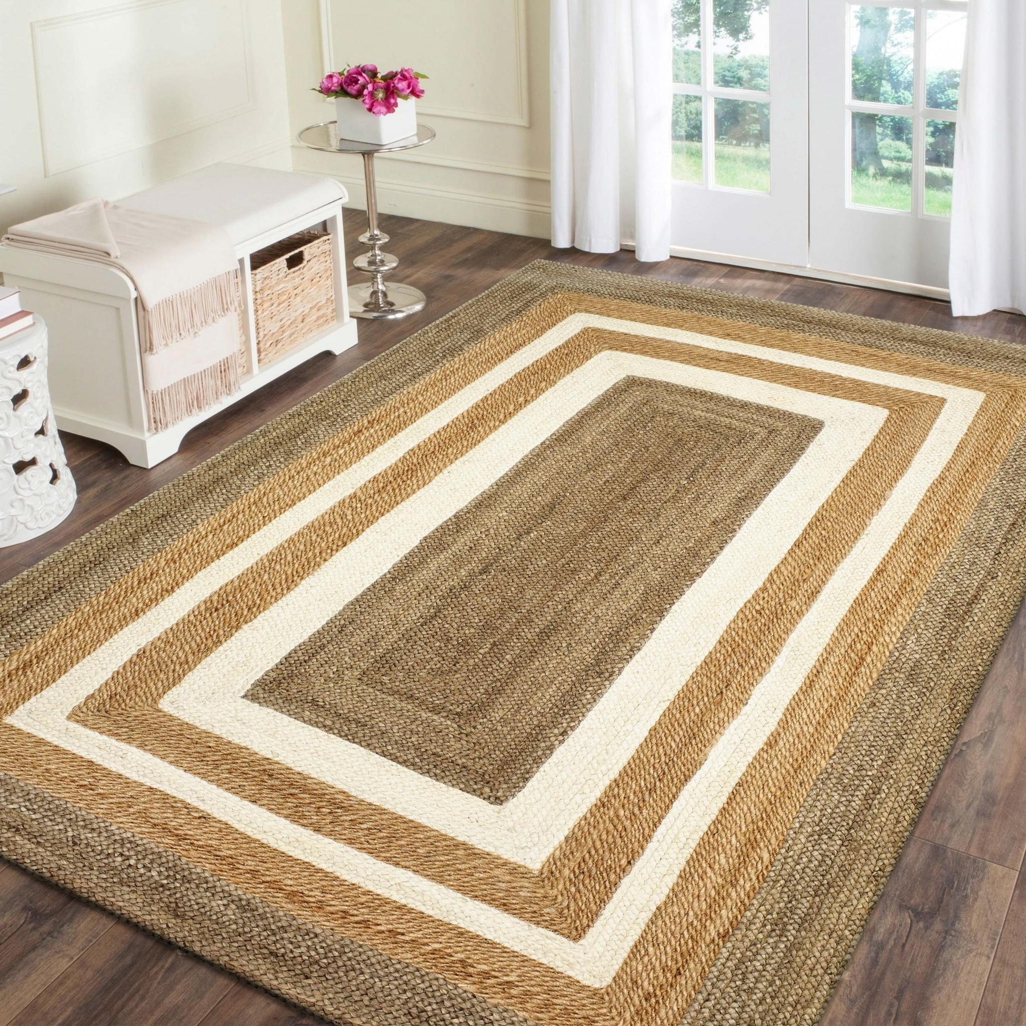 8’ x 10’ Tan and White Multi Bordered Area Rug
