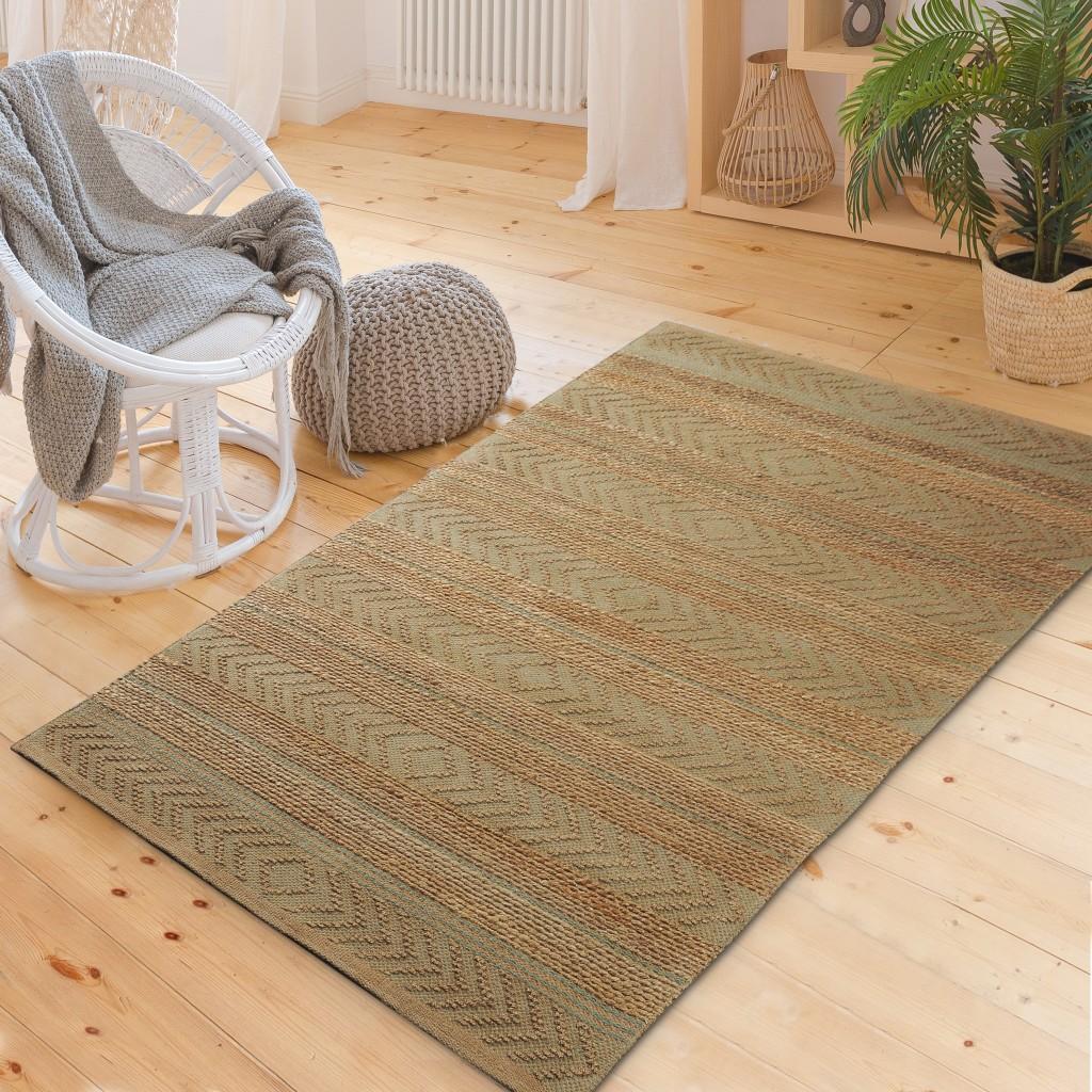 5’ x 8’ Seafoam and Tan Bohemian Striped Area Rug