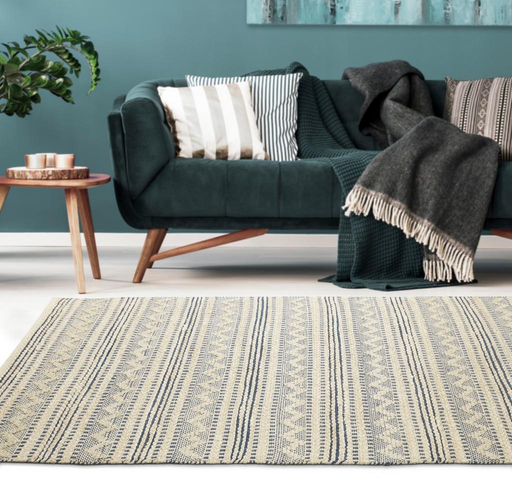 5’ x 8’ Blue and Beige Chevron Striped Area Rug