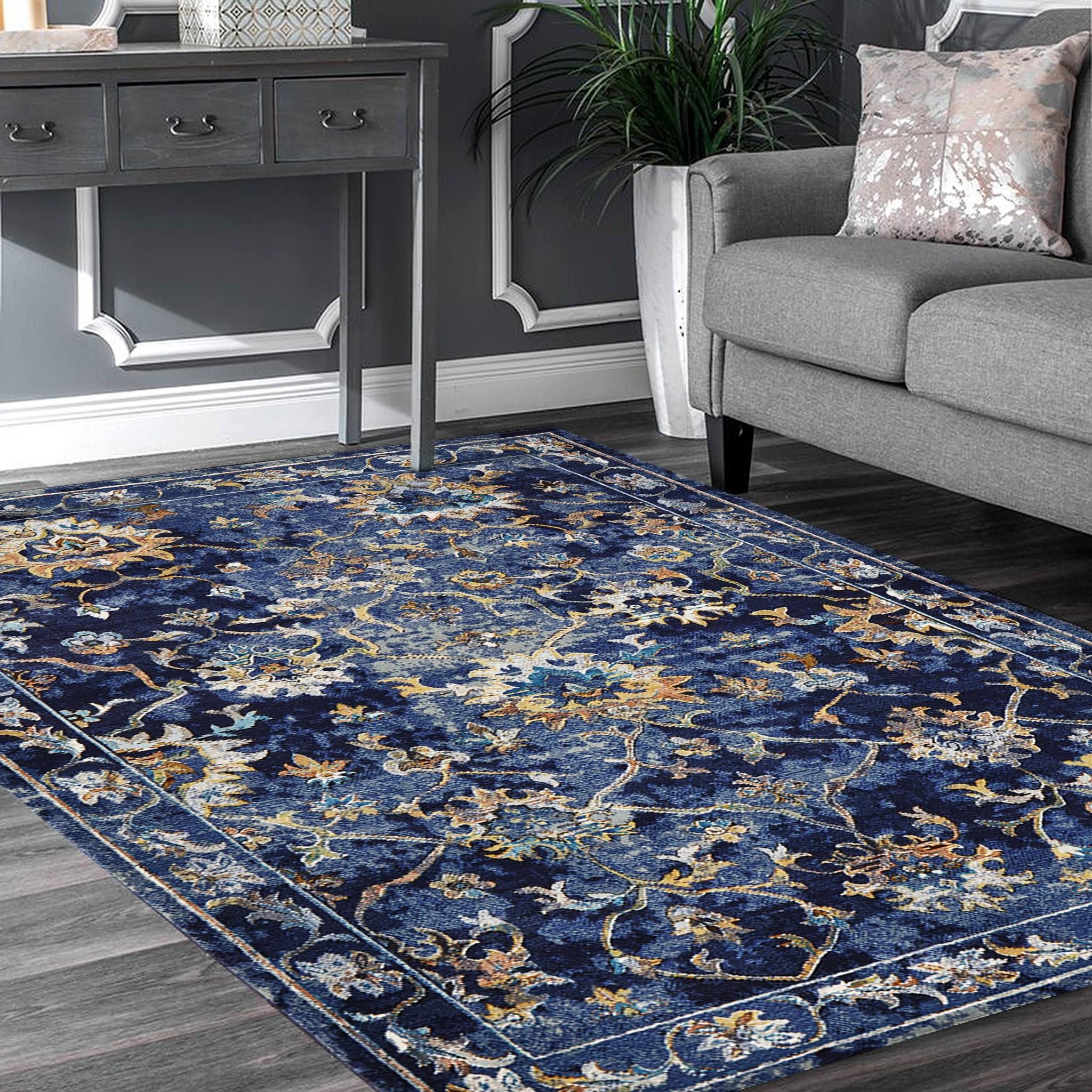 9’ x 12’ Blue and Gold Jacobean Area Rug