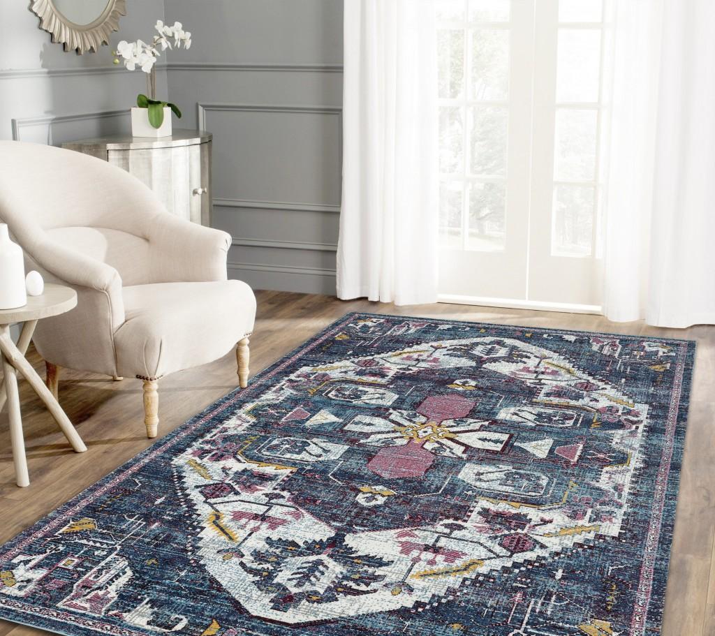 8’ x 10’ Navy and Ivory Global Inspired Area Rug