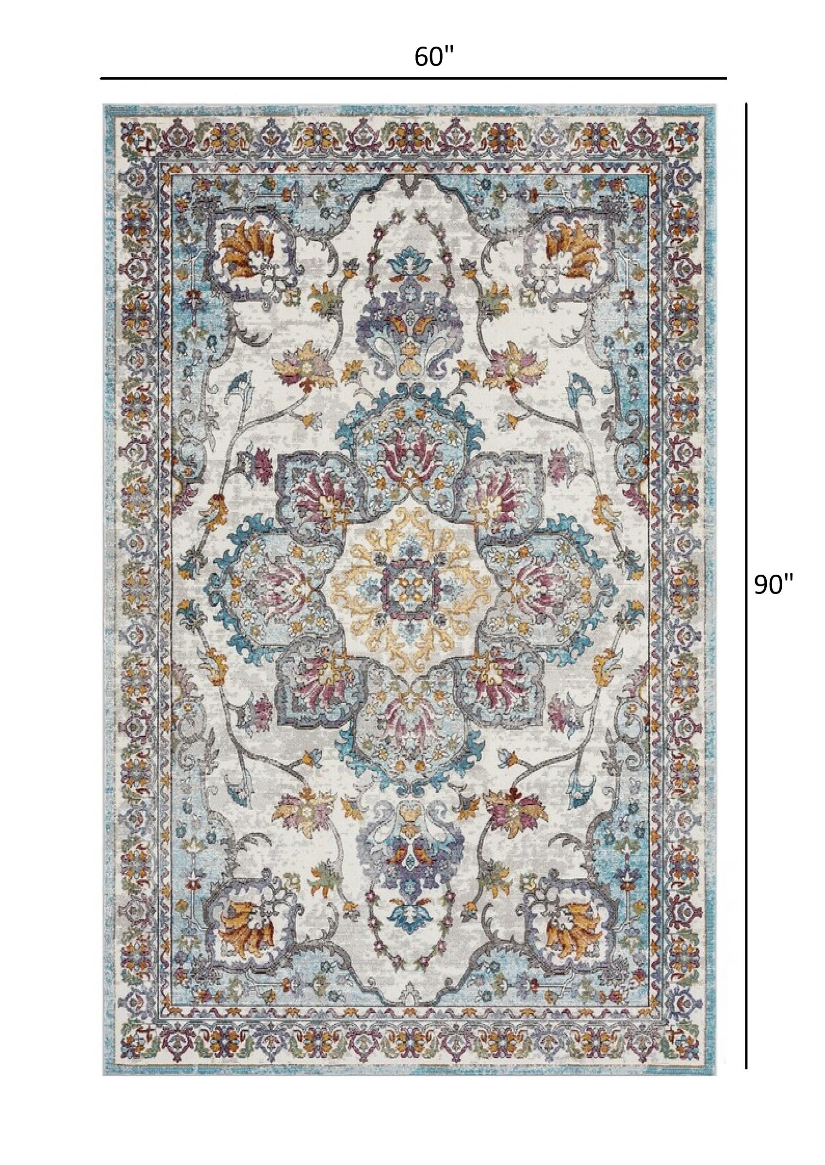 5’ x 8’ Blue and Ivory Center Medallion Area Rug