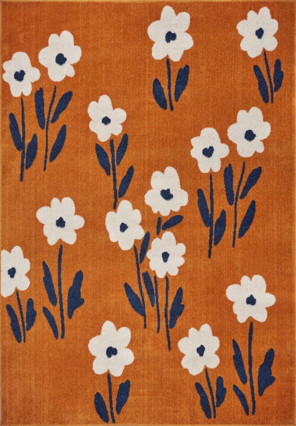 5’ x 7’ Orange and Ivory Flower Field Area Rug Default Title