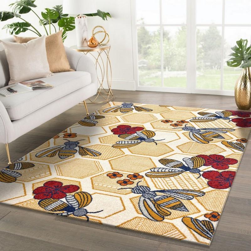 8’ x 9’ Gold and Ivory Bustling Bee Area Rug