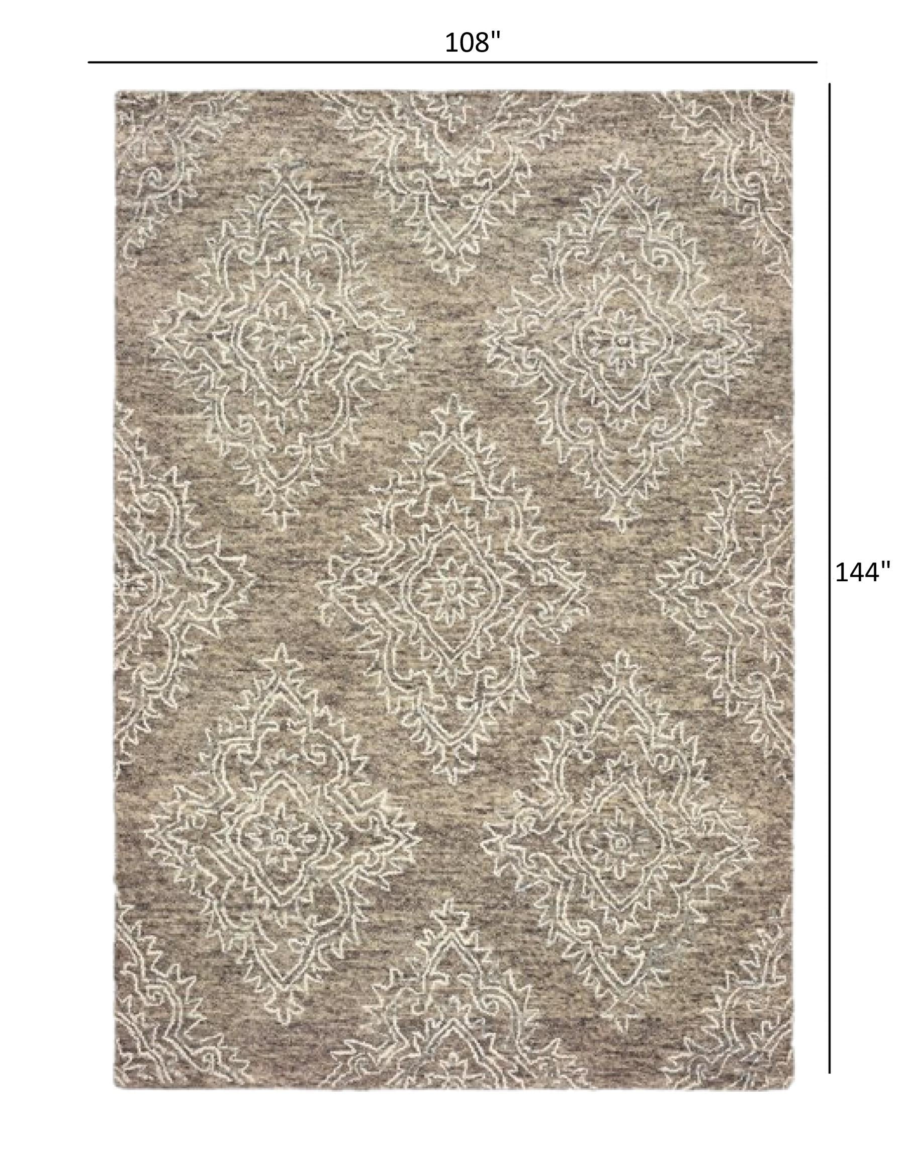 9’ x 12’ Khaki and White Damask Area Rug