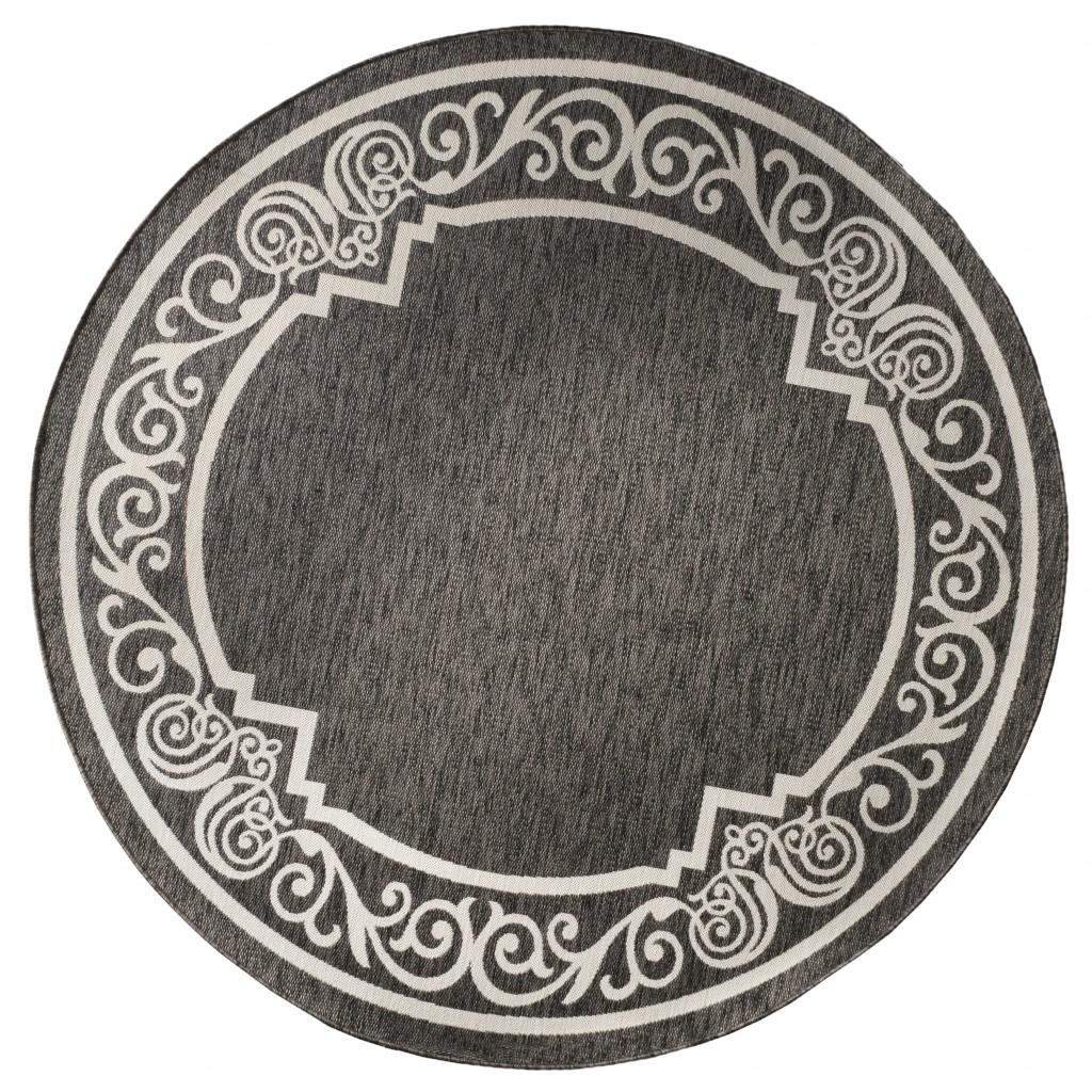 8’ Round Black Ornate Border Indoor Outdoor Area Rug