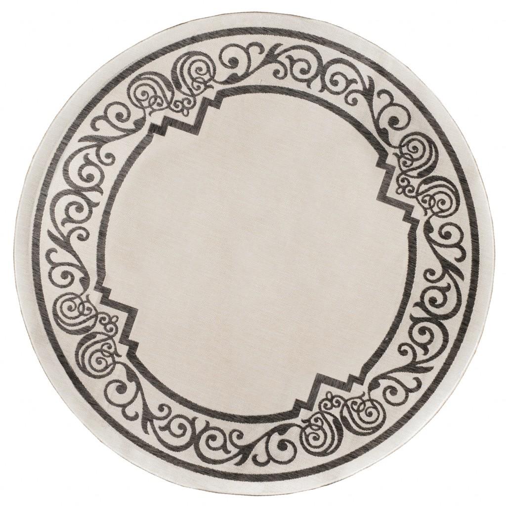 8’ Round Cream Ornate Border Indoor Outdoor Area Rug