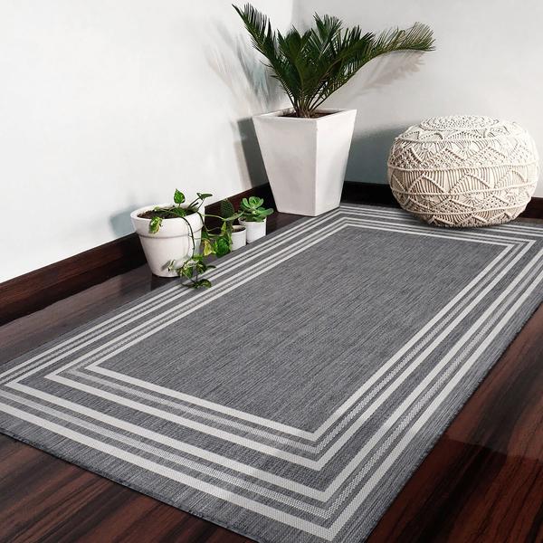 5’ x 7’ Gray Striped Border Indoor Outdoor Area Rug