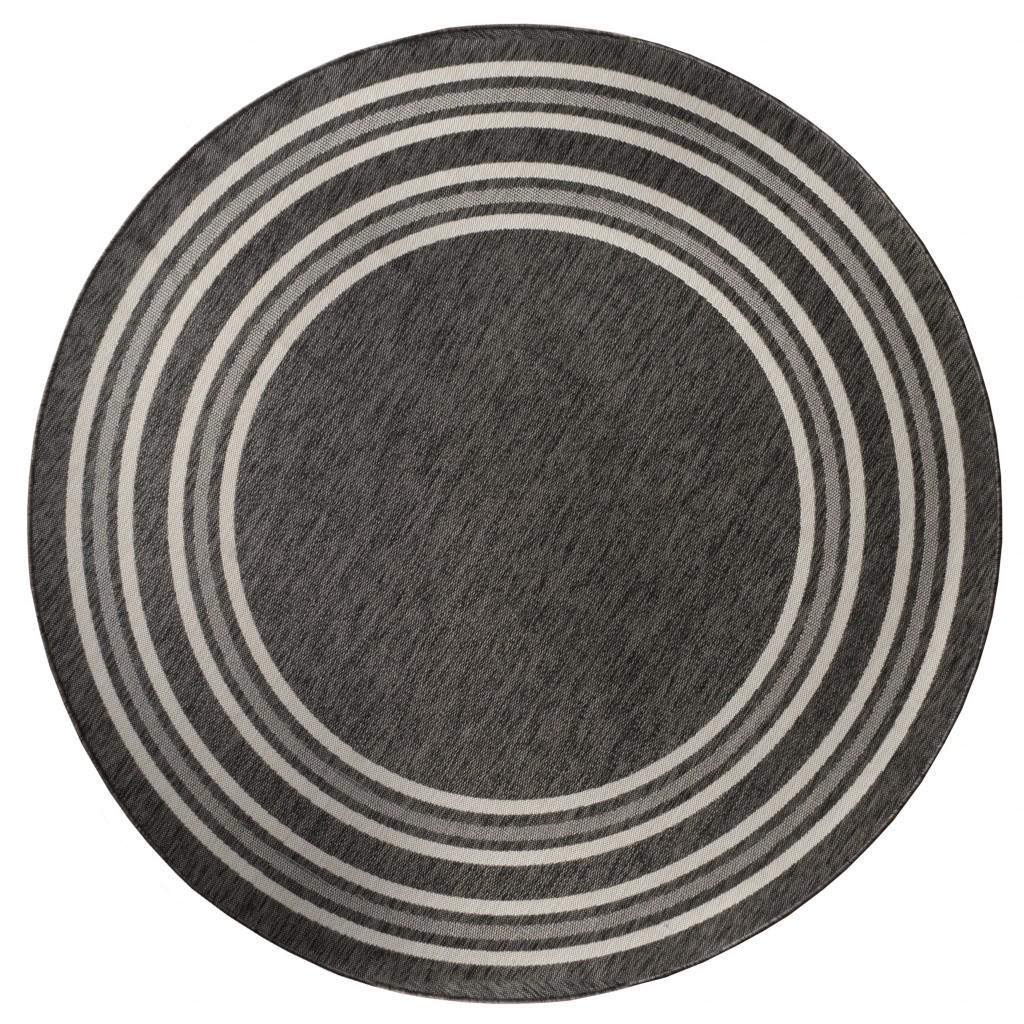 8’ Round Gray Stripe Border Indoor Outdoor Area Rug