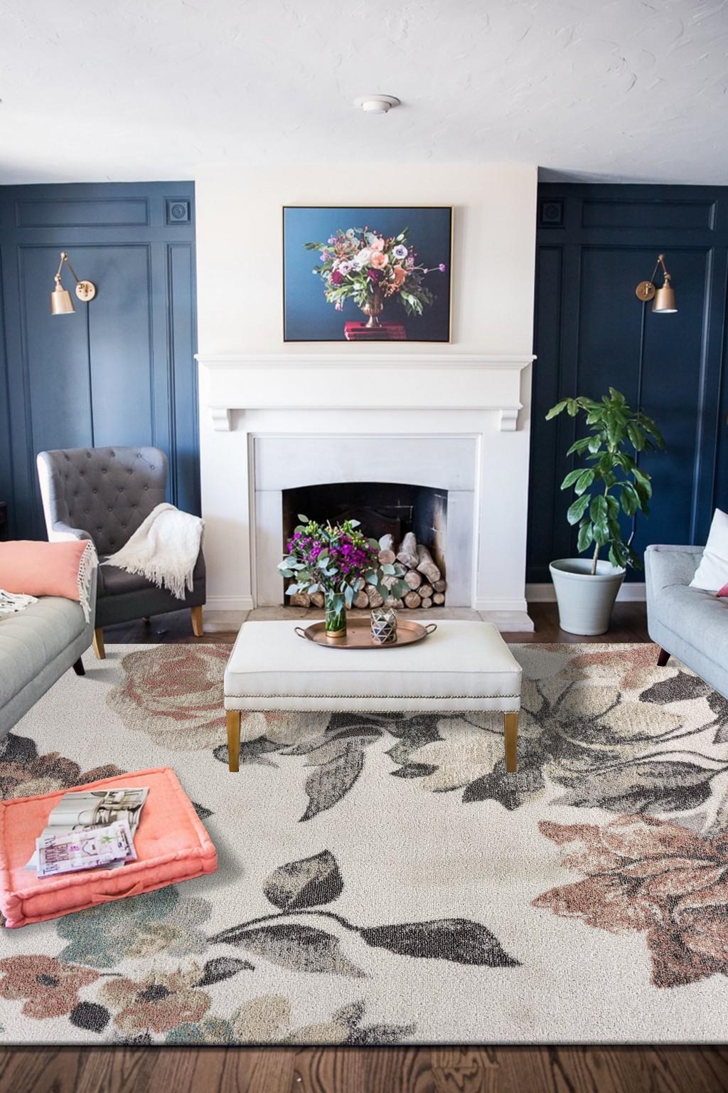 8’ x 10’ Ivory Blooming Rose Area Rug