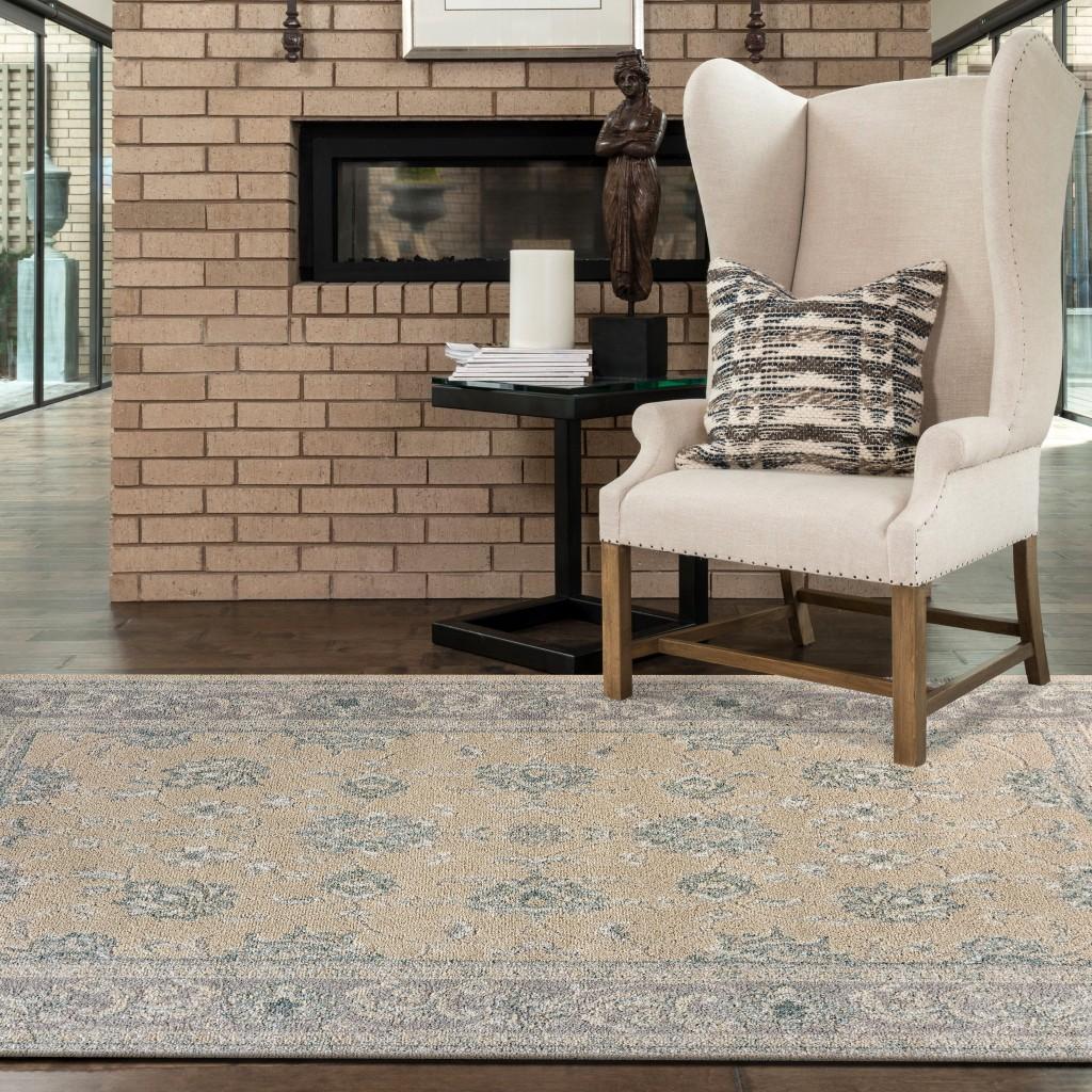 5’ x 7’ Blue and Beige Ornate Bordered Area Rug