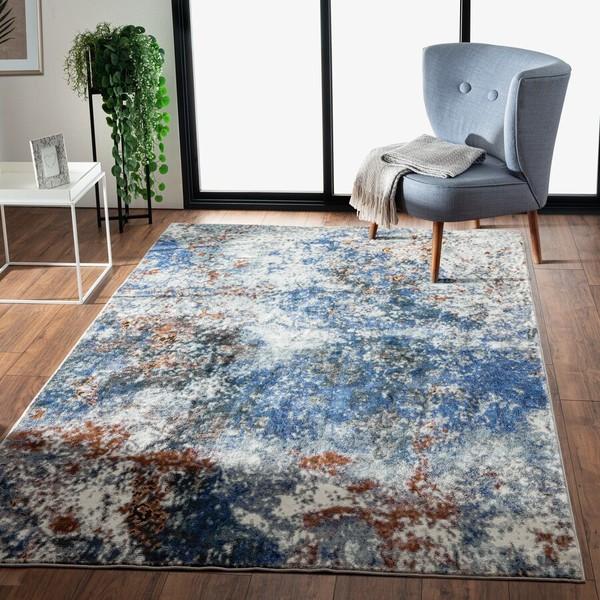 8’ x 10’ Blue and White Abstract Ocean Area Rug