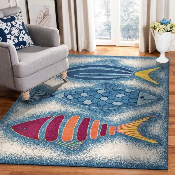 5’ x 8’ Blue Triple Fish Indoor Outdoor Area Rug