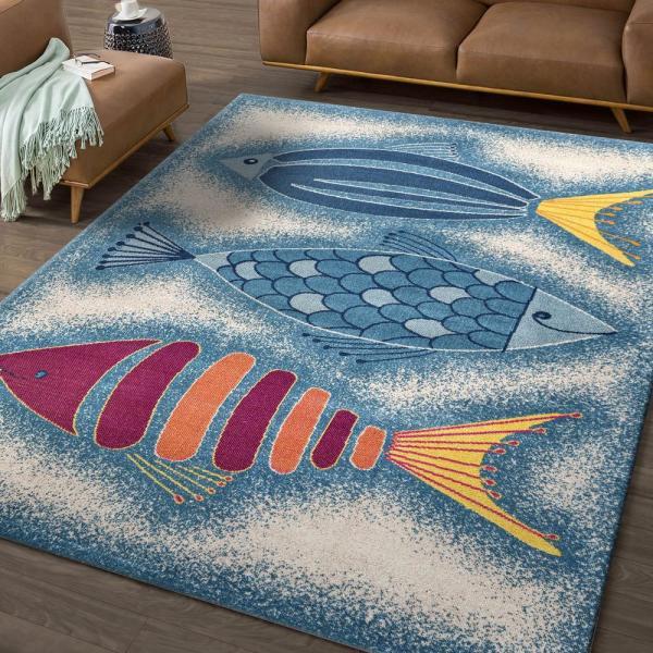 5’ x 8’ Blue Triple Fish Indoor Outdoor Area Rug