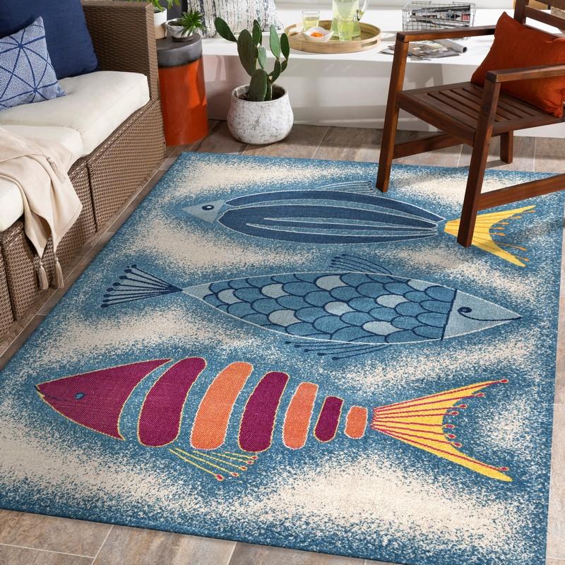 8’ x 10’ Blue Triple Fish Indoor Outdoor Area Rug