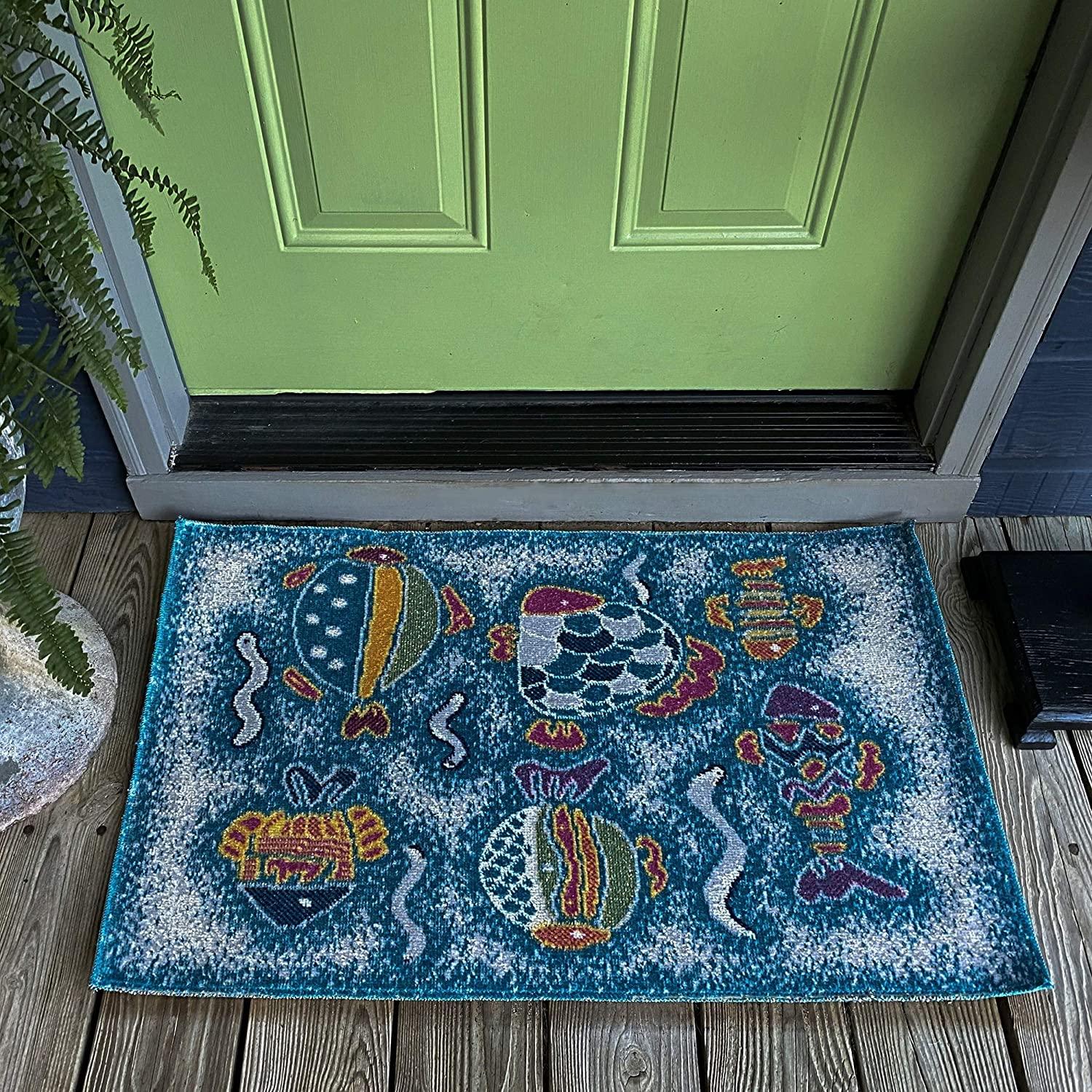 2’ x 3’ Blue Playful Fish Indoor Outdoor Scatter Rug