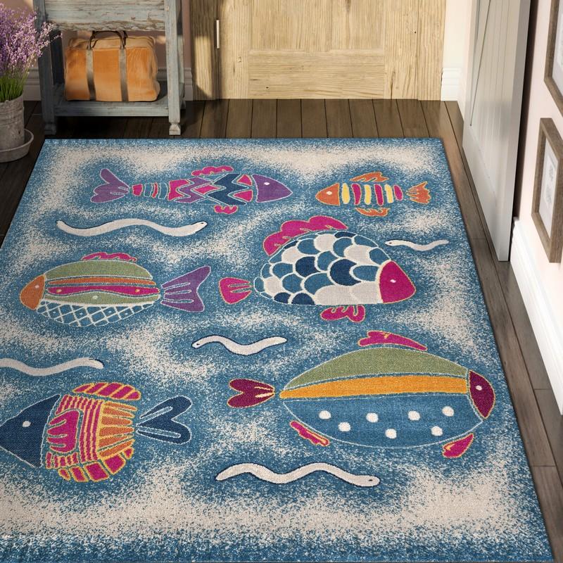 5’ x 8’ Blue Playful Fish Indoor Outdoor Area Rug