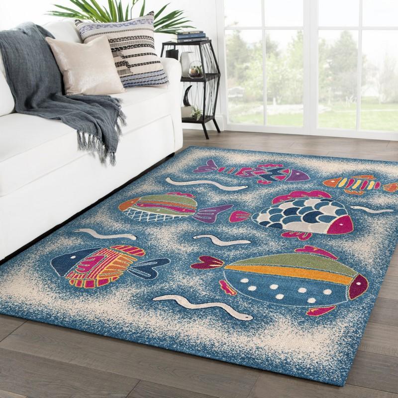 5’ x 8’ Blue Playful Fish Indoor Outdoor Area Rug