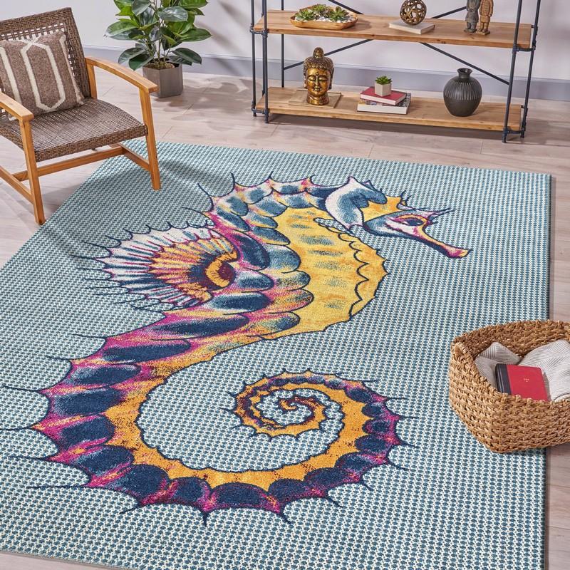 5’ x 8’ Blue Seahorse Indoor Outdoor Area Rug