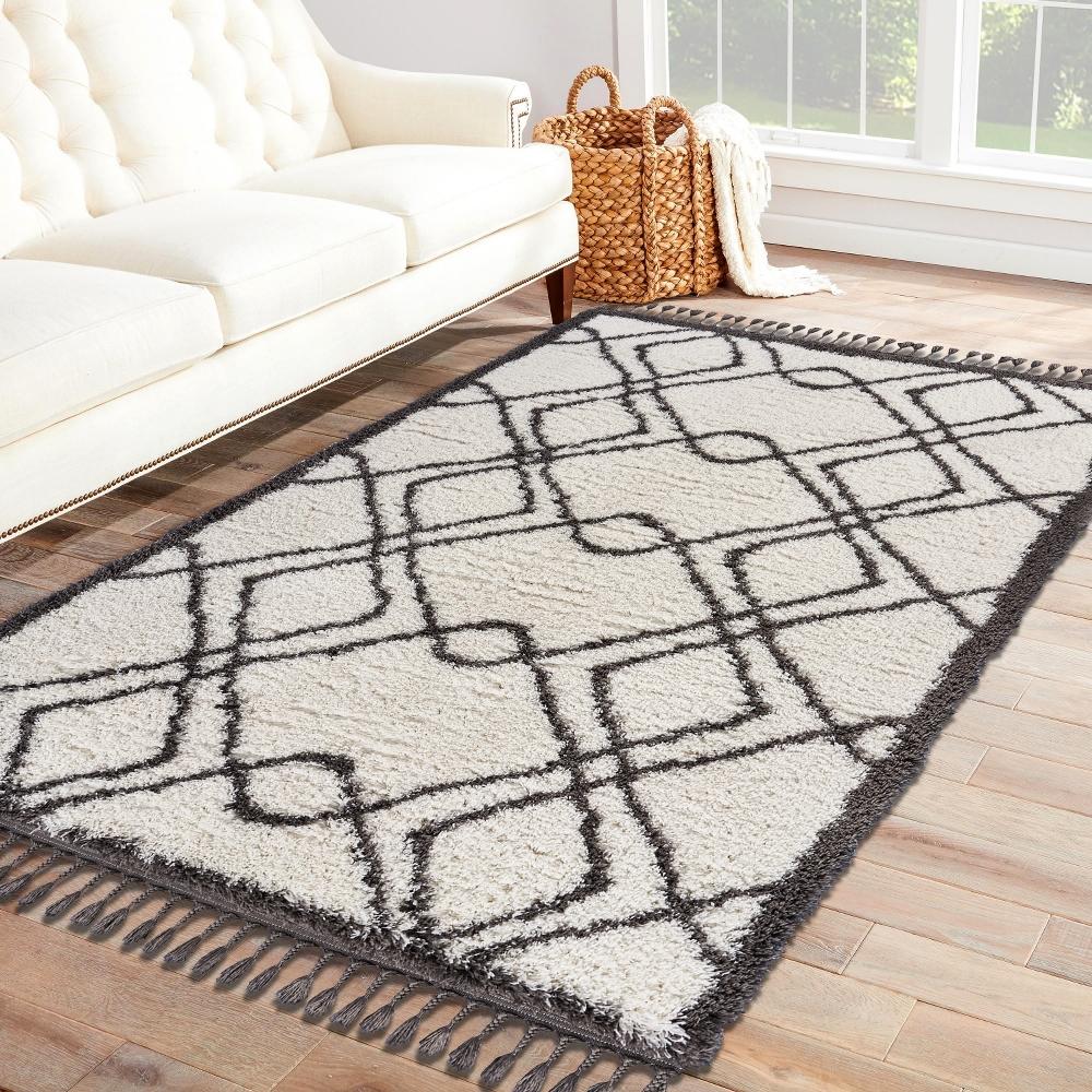 5’ x 7’ Cream and Gray Geometric Fringe Area Rug