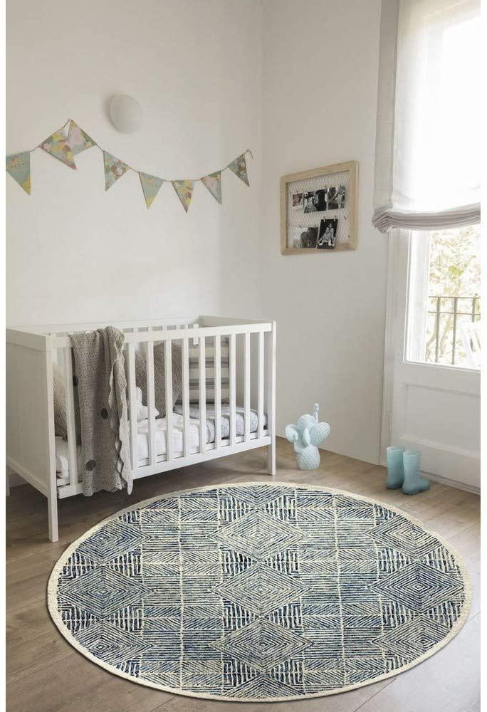 5’ Round Blue and Cream Geometric Area Rug