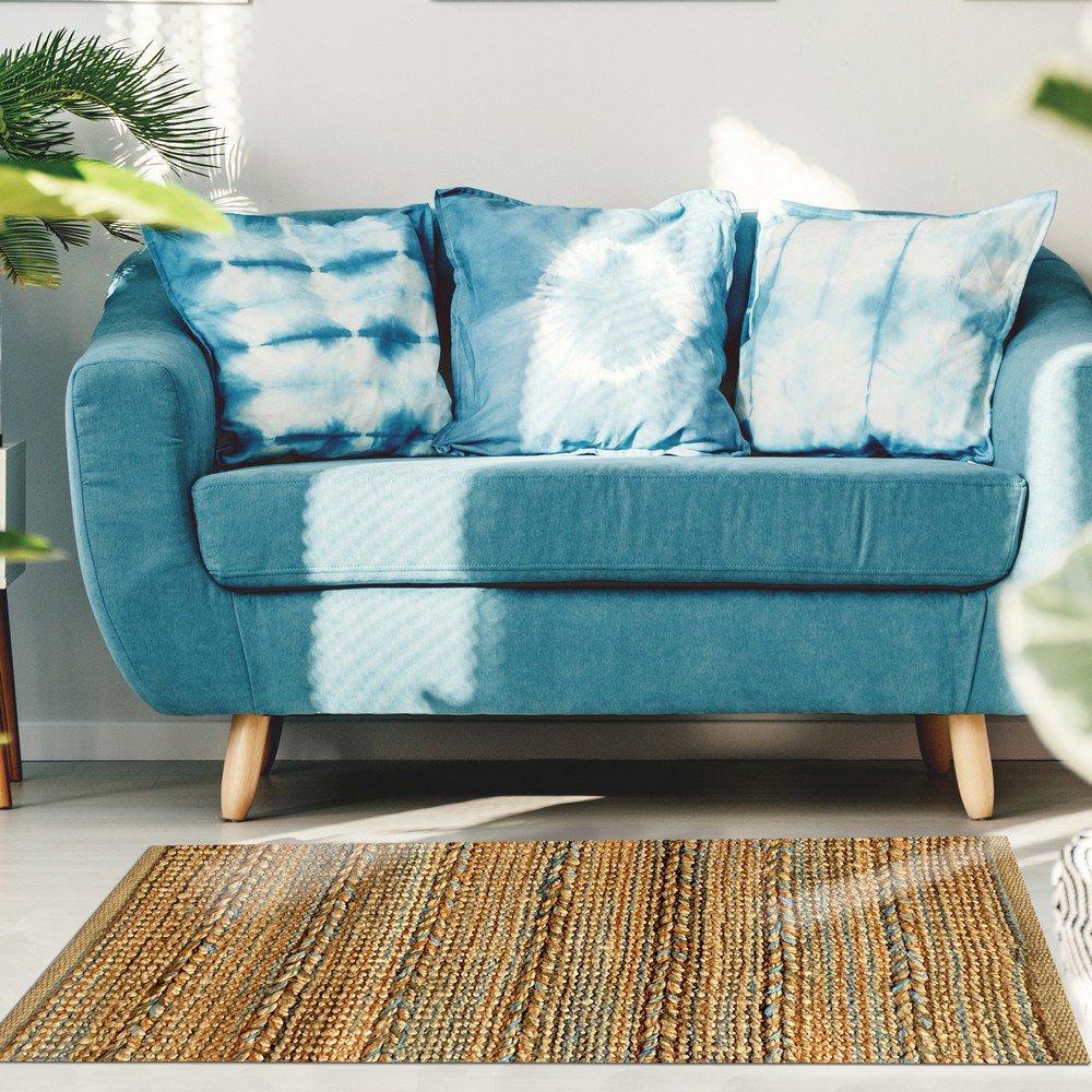 2’ x 5’ Seafoam and Tan Braided Stripe Area Rug