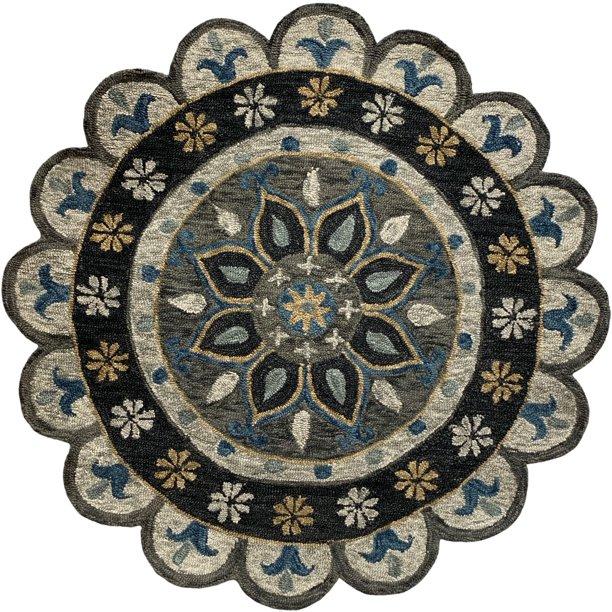 7’ Round Gray Border Floral Medallion Area Rug Default Title