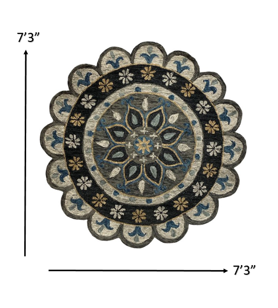 7’ Round Gray Border Floral Medallion Area Rug