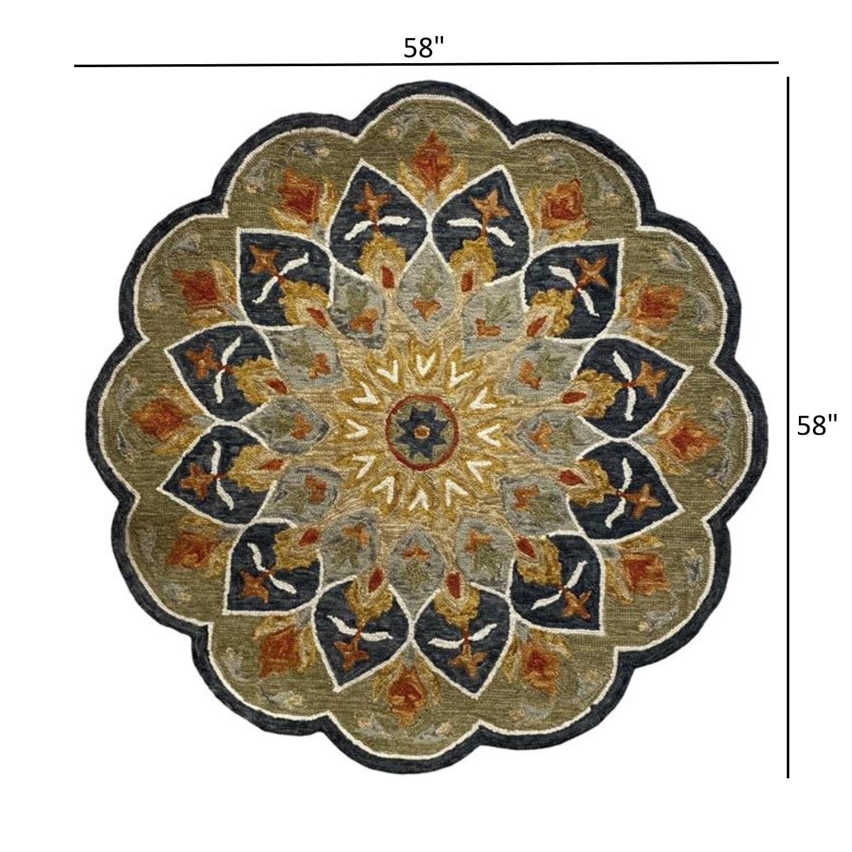 5’ Round Charcoal Floral Medallion Area Rug