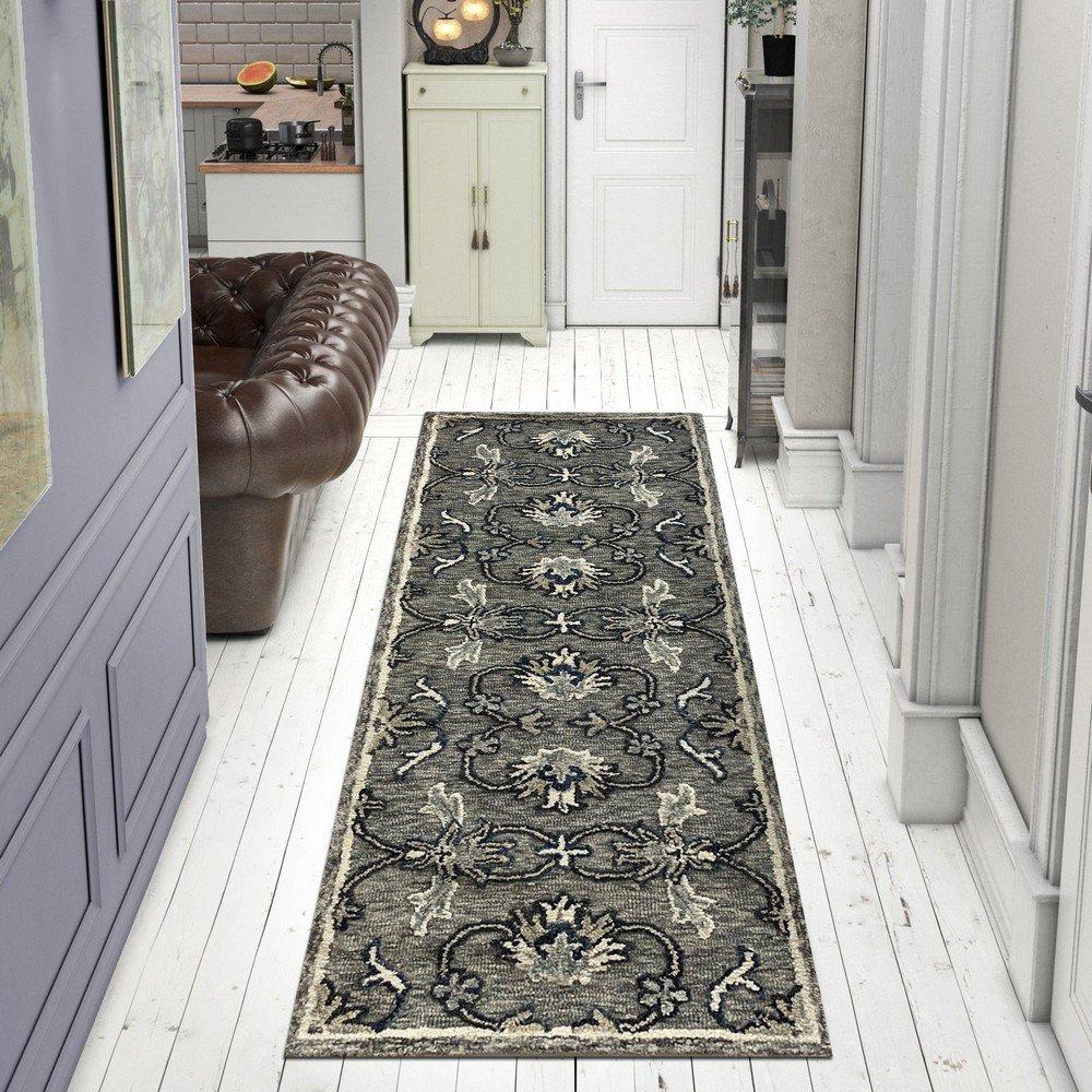 2’ x 7’ Gray Floral FIligree Runner Rug