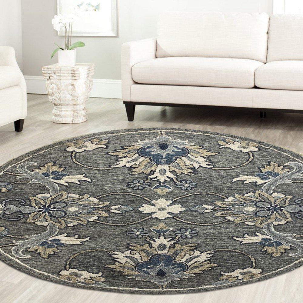 5’ Round Gray Floral FIligree Area Rug