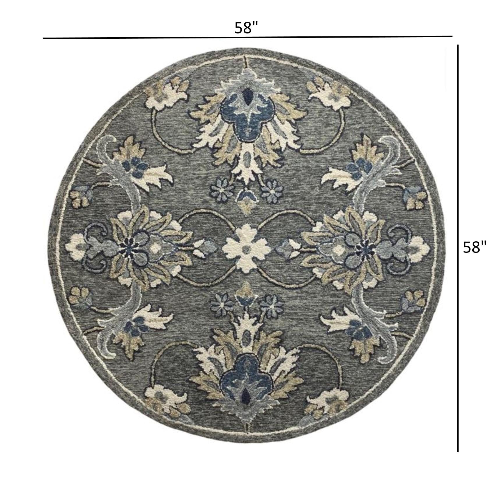 5’ Round Gray Floral FIligree Area Rug