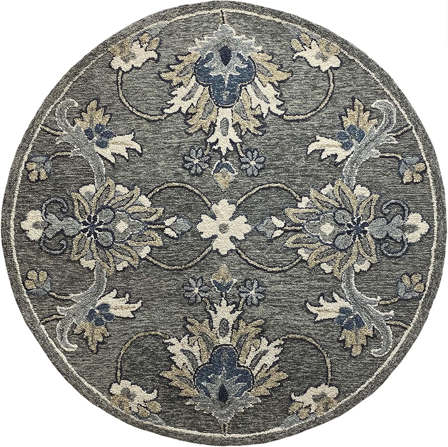 7’ Round Gray Intricate Jacobean Area Rug